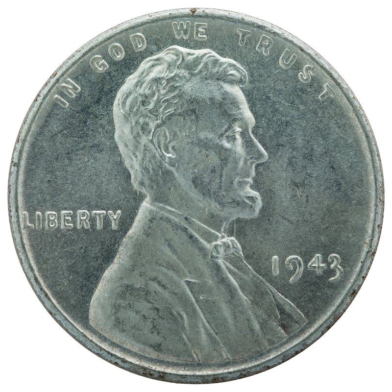 1943 steel wheat penny obverse — Lincoln portrait in silver-grey zinc-coated steel