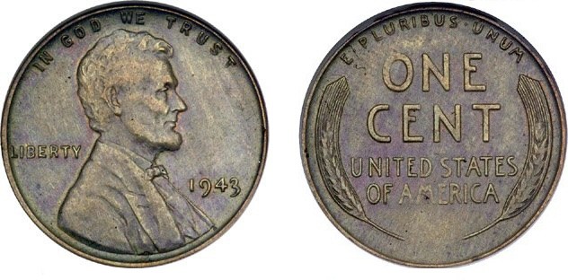 1943 bronze wheat penny, obverse and reverse — the rare copper error coin