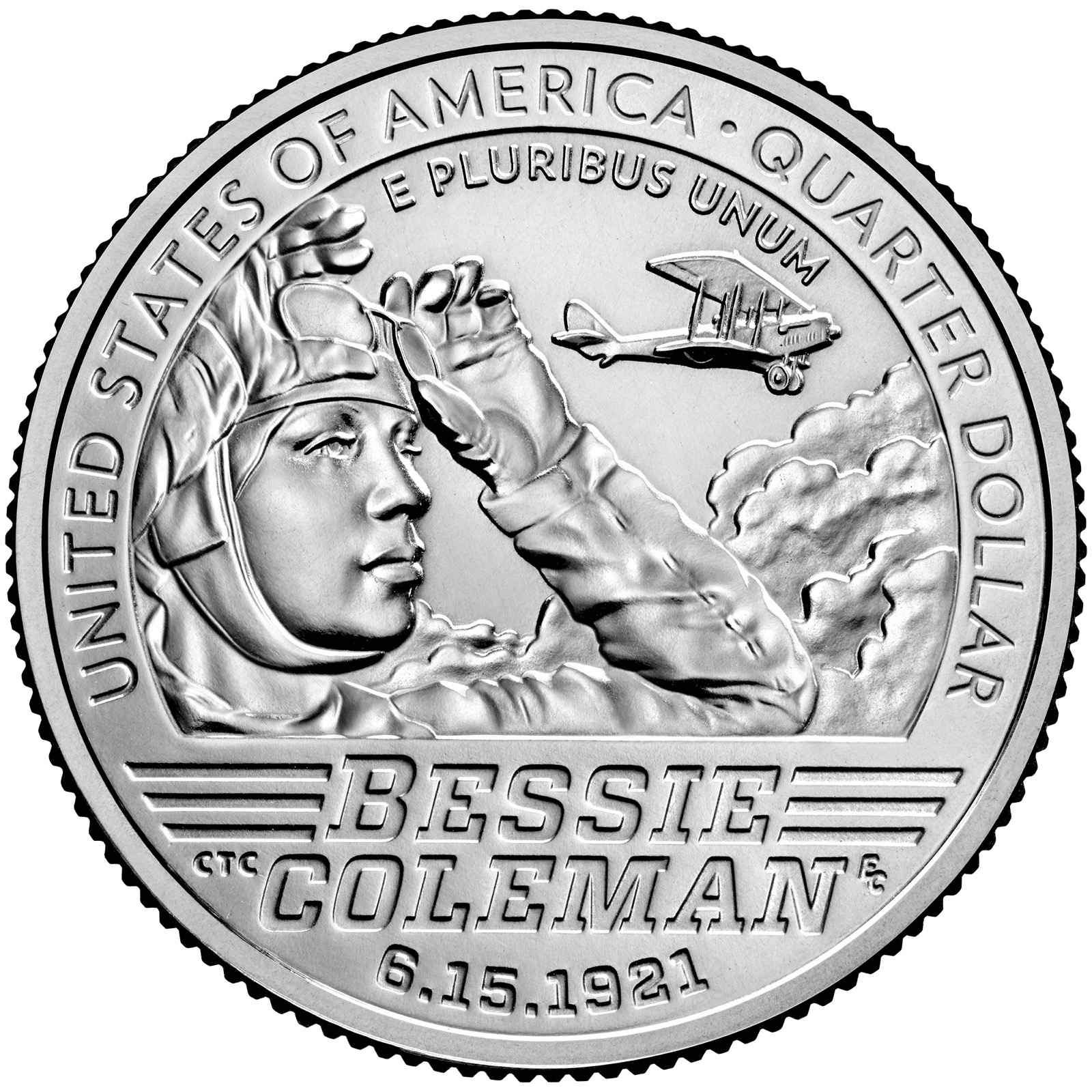 2023 Bessie Coleman quarter reverse — aviator in flying helmet with biplane