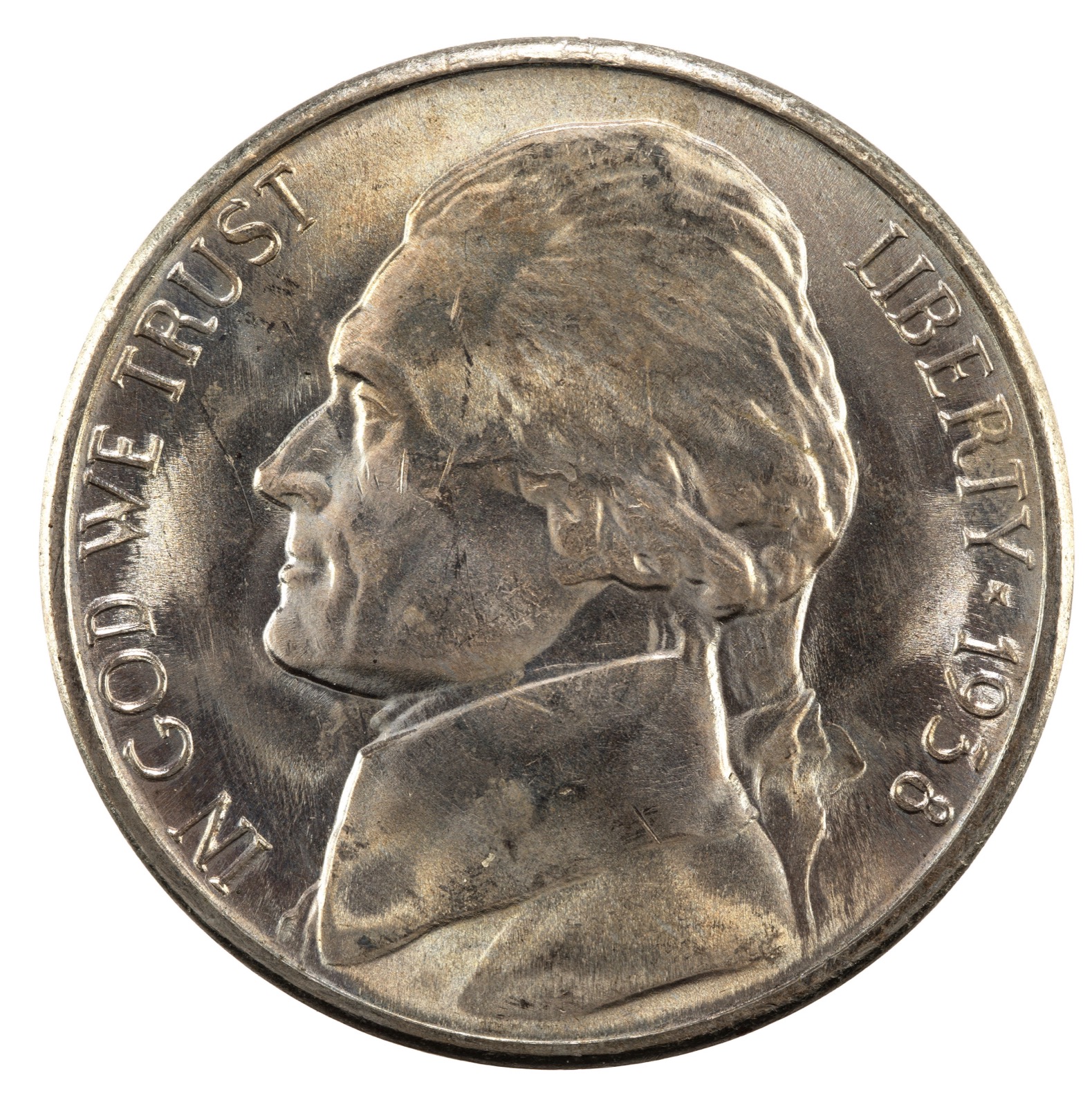 Jefferson nickel obverse — the design on the US five-cent coin since 1938