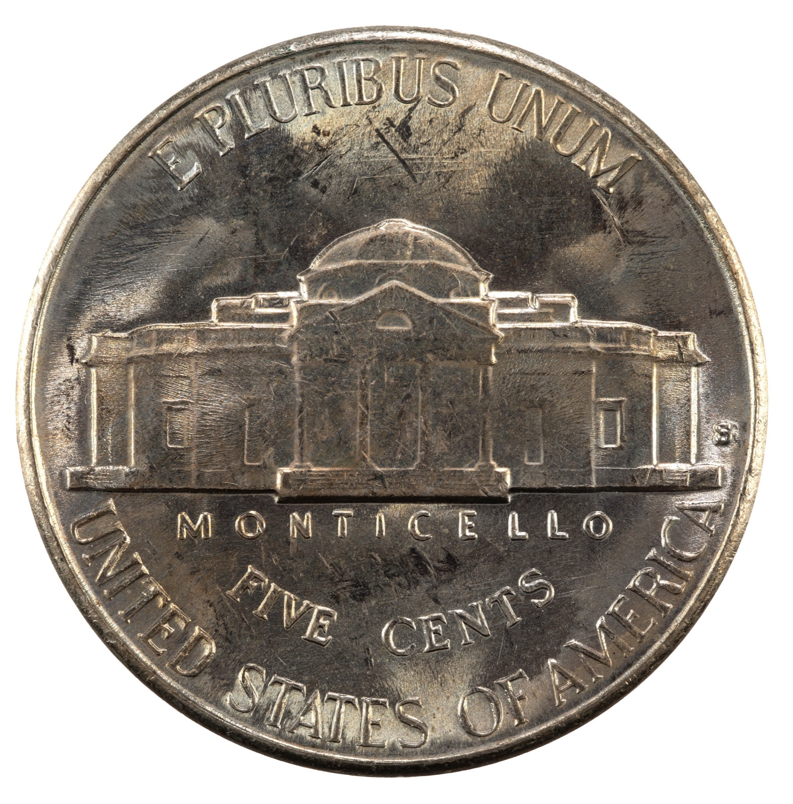 Jefferson Nickel reverse — Monticello, used since 1938